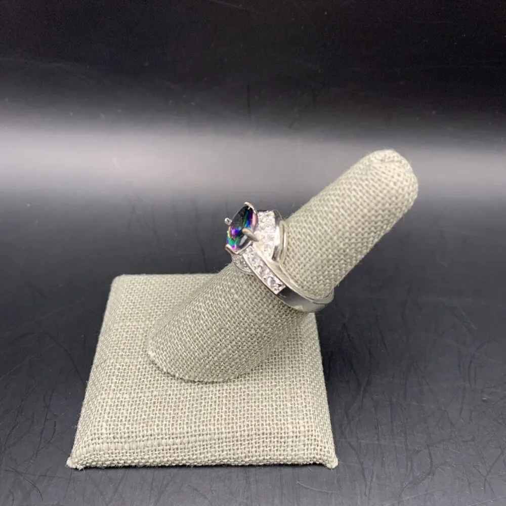 Colorful Rainbow Glass Ring Size 7 Silver Tone Statement Faux Mystic Topaz Glam